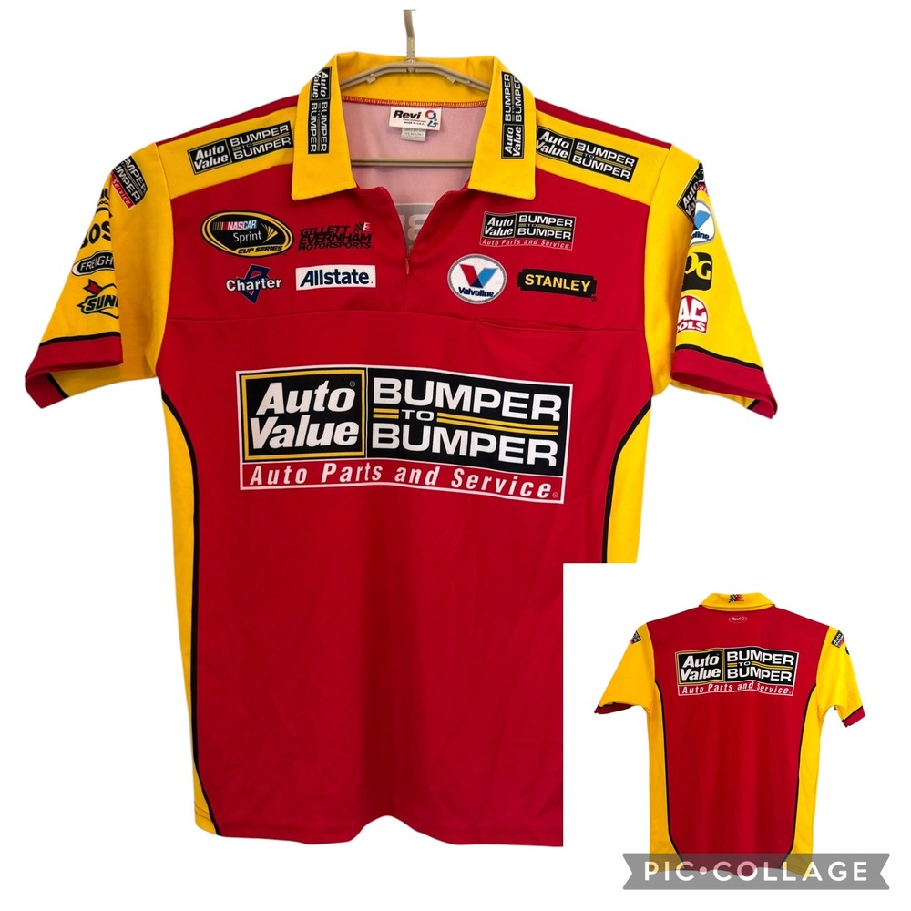 NASCAR Auto Value Bumper to Bumper Racing Jersey Pit Shirt Red Yellow Large READ